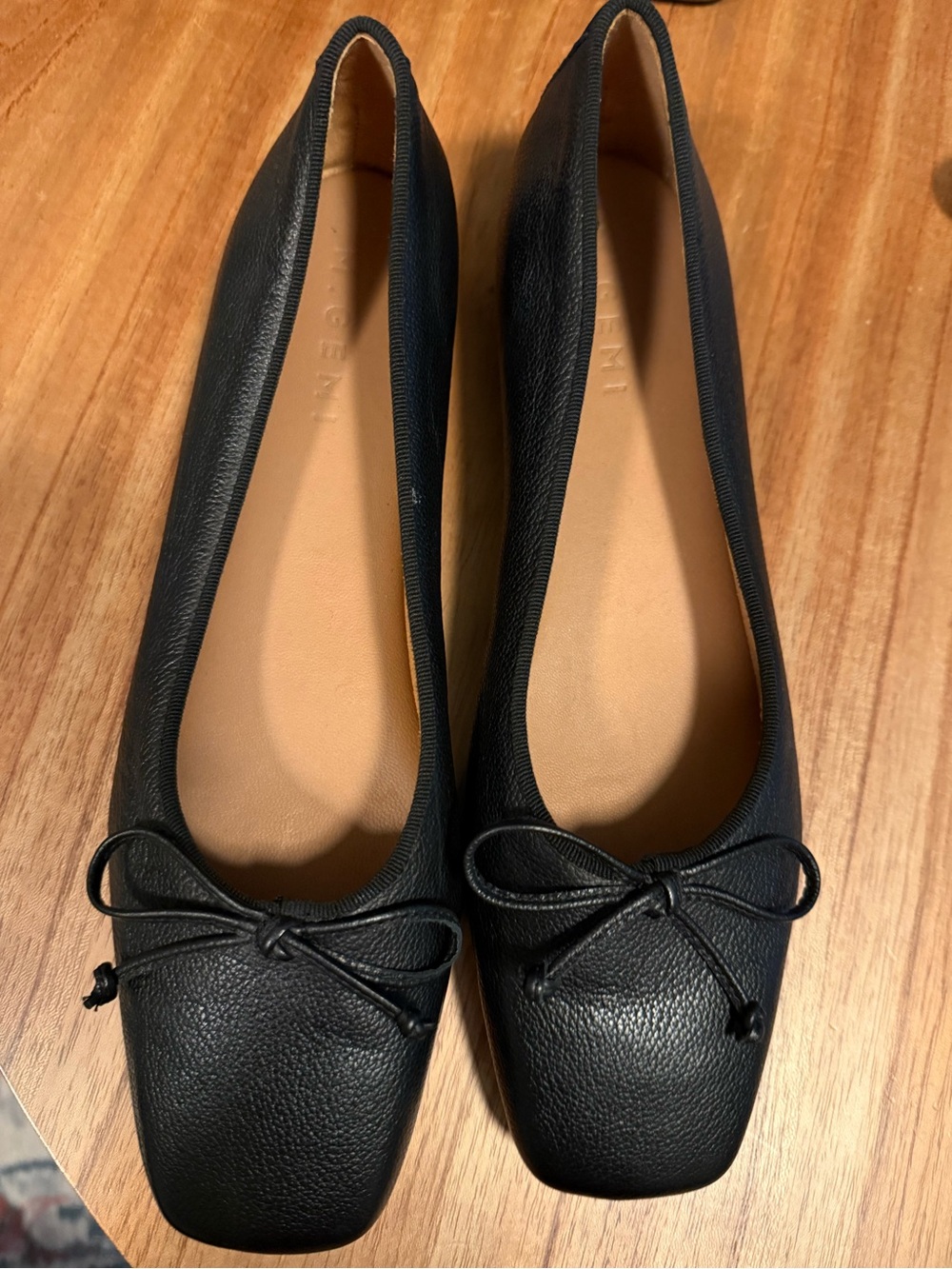 M. Gemi Black Leather Square-Toe Ballet Flats with Bow